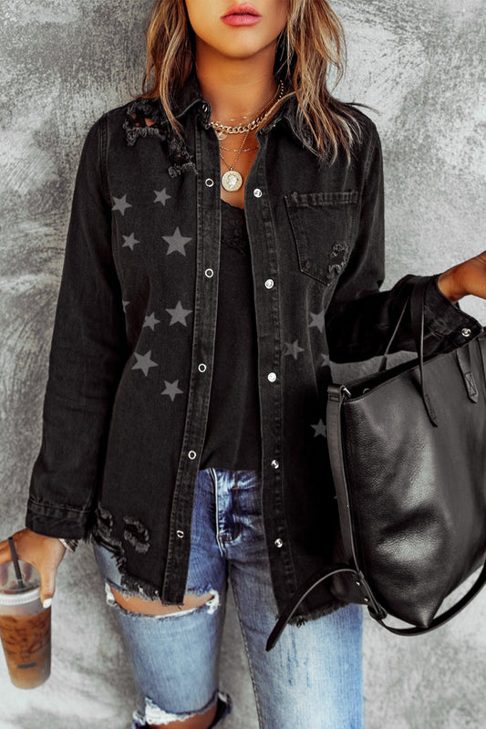 Black Star Print Chest Pocket Distressed Denim Shirt Jacket