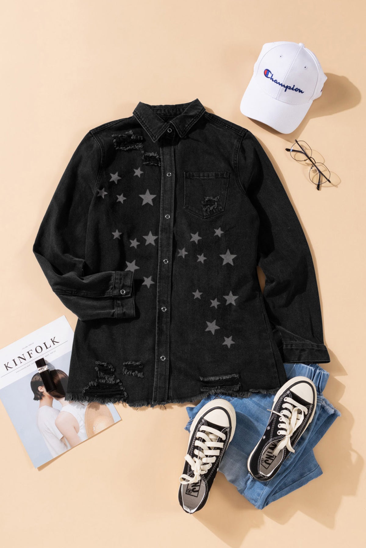 Black Star Print Chest Pocket Distressed Denim Shirt Jacket