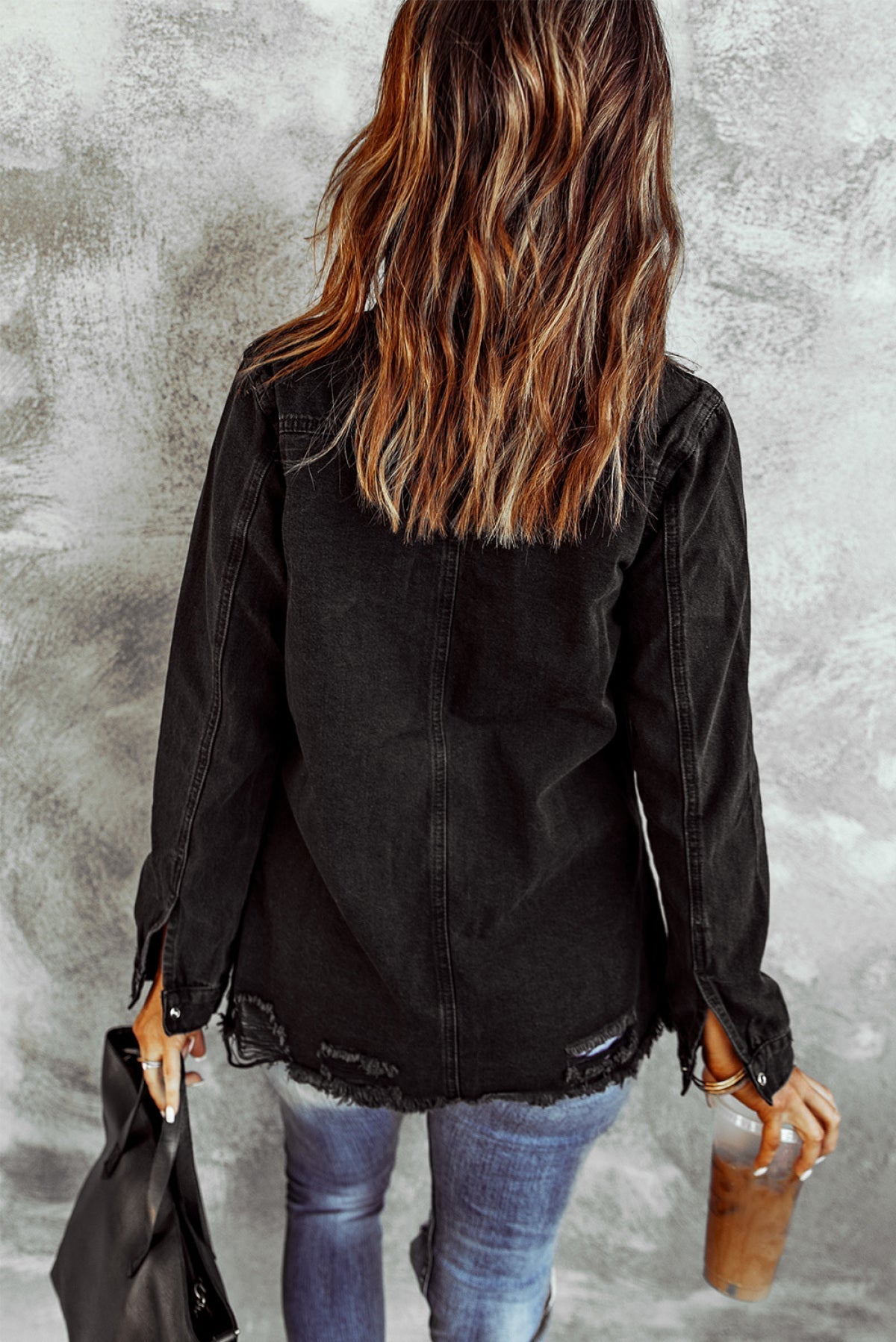 Black Star Print Chest Pocket Distressed Denim Shirt Jacket